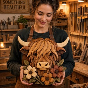 Könnte beinhalten: Ein Wandkunstobjekt aus Holz, das einen geschnitzten Highland-Rinderkopf mit langen Hörnern zeigt, umgeben von drei geschichteten Holzblumen mit grünen Blättern. Das Rind hat eine texturierte Holzoberfläche in verschiedenen Braun- und Beigetönen.