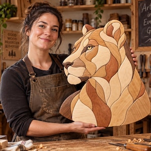 May include: A wooden wall art piece shaped like a lioness head, constructed from multiple interlocking pieces of wood in varying shades of light, medium, and dark brown, creating a smooth, mosaic-like surface with a natural wood grain finish.