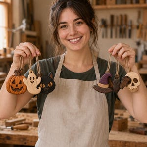 Könnte beinhalten: Ein Set aus sechs hölzernen Halloween-Anhängern, bestehend aus einem geschnitzten Kürbis, einem Geist, einer schwarzen Katze, einem Hexenhut, einer Fledermaus und einem Totenkopf. Jedes Stück ist aus verschiedenen Holzarten gefertigt und hat eine Juteschnur.