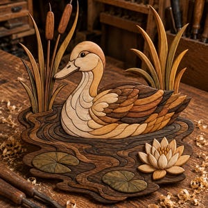 May include: A multi-layered wooden intarsia wall art piece depicting a duck swimming in a pond. The scene features cattails, lily pads, and a water lily, crafted from various shades of natural wood to create depth and texture in the design.