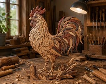 May include: A multi-layered wooden rooster sculpture featuring intricate feather detailing in various natural wood tones. The rooster stands on a horizontal wooden base decorated with carved leaves and wheat stalks, showcasing craftsmanship.