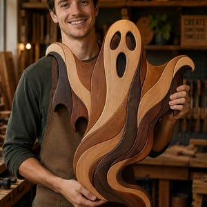 May include: A decorative wall hanging shaped like a ghost, constructed from multiple interlocking pieces of wood in varying shades of light, medium, and dark brown. The ghost features a cutout oval mouth and two cutout oval eyes, with smooth, flowing, wavy edges.