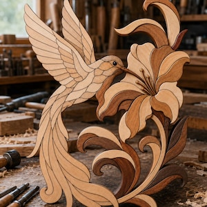 Könnte beinhalten: Ein dekoratives Wandkunstobjekt aus Holz mit einem komplexen Intarsien-Design, das einen Kolibri zeigt, der über einer großen Lilienblüte schwebt. Das Kunstwerk besteht aus verschiedenen Naturholztönen, von hellem Creme bis zu dunklem Braun.