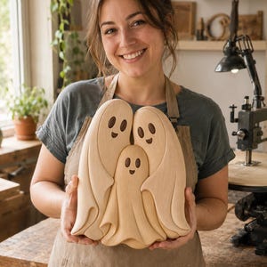 May include: A decorative wooden sculpture featuring three ghost figures arranged together. The ghosts are carved from light-colored wood with smooth, flowing lines and dark, oval-shaped eyes and mouths, creating a cohesive, layered appearance.