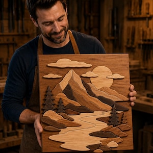 May include: A square wooden wall art piece featuring a layered, three-dimensional landscape scene. The design depicts a mountain range, a winding river, pine trees, and a sun, all crafted from various shades of natural wood grain textures.