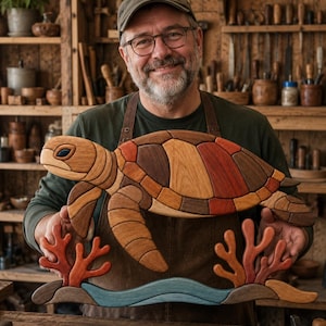 May include: A multi-piece wooden wall art sculpture depicting a sea turtle swimming above two coral structures and a blue wave base. The turtle features various wood tones including light tan, dark brown, and reddish-brown segments with a dark eye.