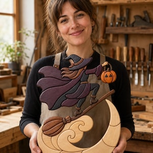 May include: A handcrafted wooden wall art piece featuring a witch with a purple cape and hat riding a broomstick over a crescent moon. The witch holds a small orange jack-o'-lantern. The design is composed of layered, stained, and natural wood segments.