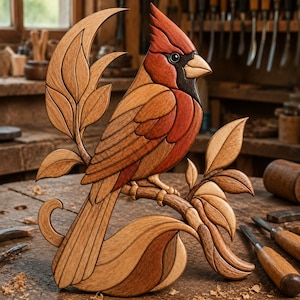 May include: A wooden intarsia wall art piece depicting a cardinal bird perched on a branch with leaves. The bird features shades of red, brown, and tan wood grain, with a black mask around the eye and a light-colored beak, crafted from layered wood.