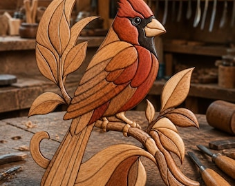 Cardinal Bird Intarsia Woodworking Pattern, Red Bird Art, Scroll Saw Pattern, Beginner Wood Art Template (PDF Download)