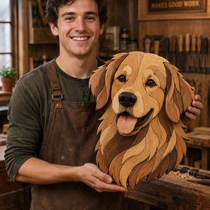 Può includere: Un'opera d'arte da parete in legno realizzata a mano che raffigura la testa di un cane golden retriever. L'opera è costruita con più strati di legno in varie tonalità di marrone naturale, con un muso dettagliato, occhi scuri e una lingua.