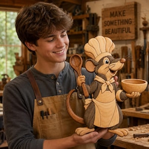 May include: A handcrafted wooden wall art piece depicting a cartoon mouse wearing a chef hat and apron. The mouse holds a wooden spoon in one hand and a small wooden bowl in the other. The figure is constructed from light and dark wood tones.