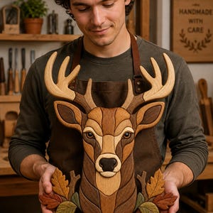 May include: A decorative wooden wall hanging featuring a stylized deer head crafted from various shades of natural wood. The deer has large antlers and is accented with carved wooden leaves in shades of green, brown, and orange at the base.