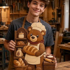 May include: A wooden wall art piece featuring a bear baker wearing a chef hat and apron, holding a loaf of bread. The design includes a shelf with jars and baked goods, a basket of bread, and a small table with a rolling pin and a bowl of flour.