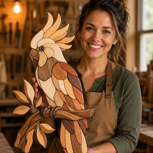 Könnte beinhalten: Ein Wandkunstobjekt aus Holz in Form eines Kakadus auf einem Ast, gefertigt aus verschiedenen Naturholztönen wie hellem Creme, Beige, Mittelbraun und Dunkelbraun, mit einer detaillierten Haube und geschichteten Flügelfedern.