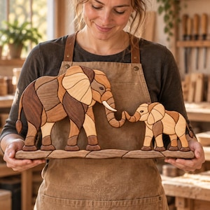 Peut inclure: Une décoration murale en bois représentant un grand éléphant et un petit éléphanteau sur un socle. Le motif est composé de différentes nuances de bois naturel, incluant des tons brun clair, moyen et foncé, disposés en segments imbriqués.