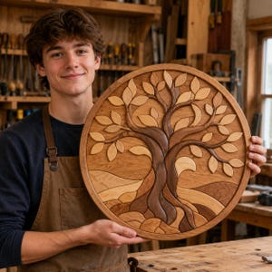 Puede incluir: Una pieza de arte mural circular de madera que presenta un intrincado diseño de marquetería de un árbol con un tronco grueso y numerosas hojas. La obra está elaborada con varios tonos de madera natural con vetas claras y oscuras.