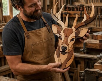May include: A wall-mounted deer head sculpture crafted from multiple pieces of wood in varying shades of brown, tan, and cream. The artwork features a detailed mosaic-like construction with smooth, interlocking wooden segments forming the face and antlers.