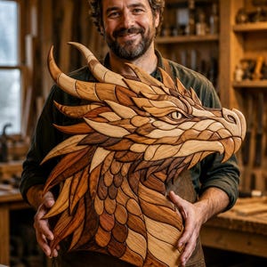 May include: A wall-mounted dragon head sculpture crafted from multiple shades of natural wood. The piece features intricate, overlapping wooden scales in light, medium, and dark brown tones, forming a detailed profile of a mythical creature.