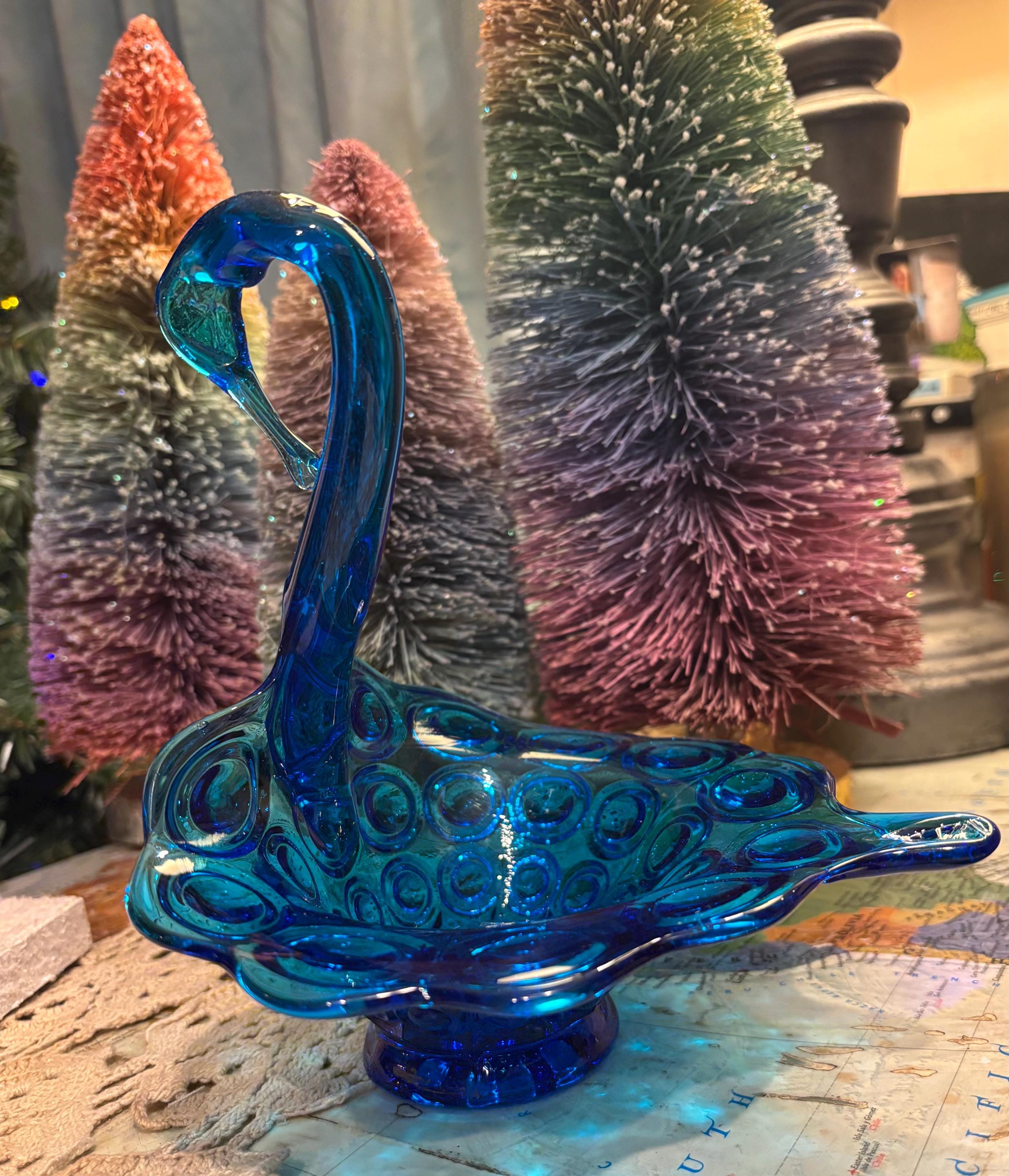 Pretty Vintage Kanawha Blue Bullseye Art Glass Swan Peacock Candy