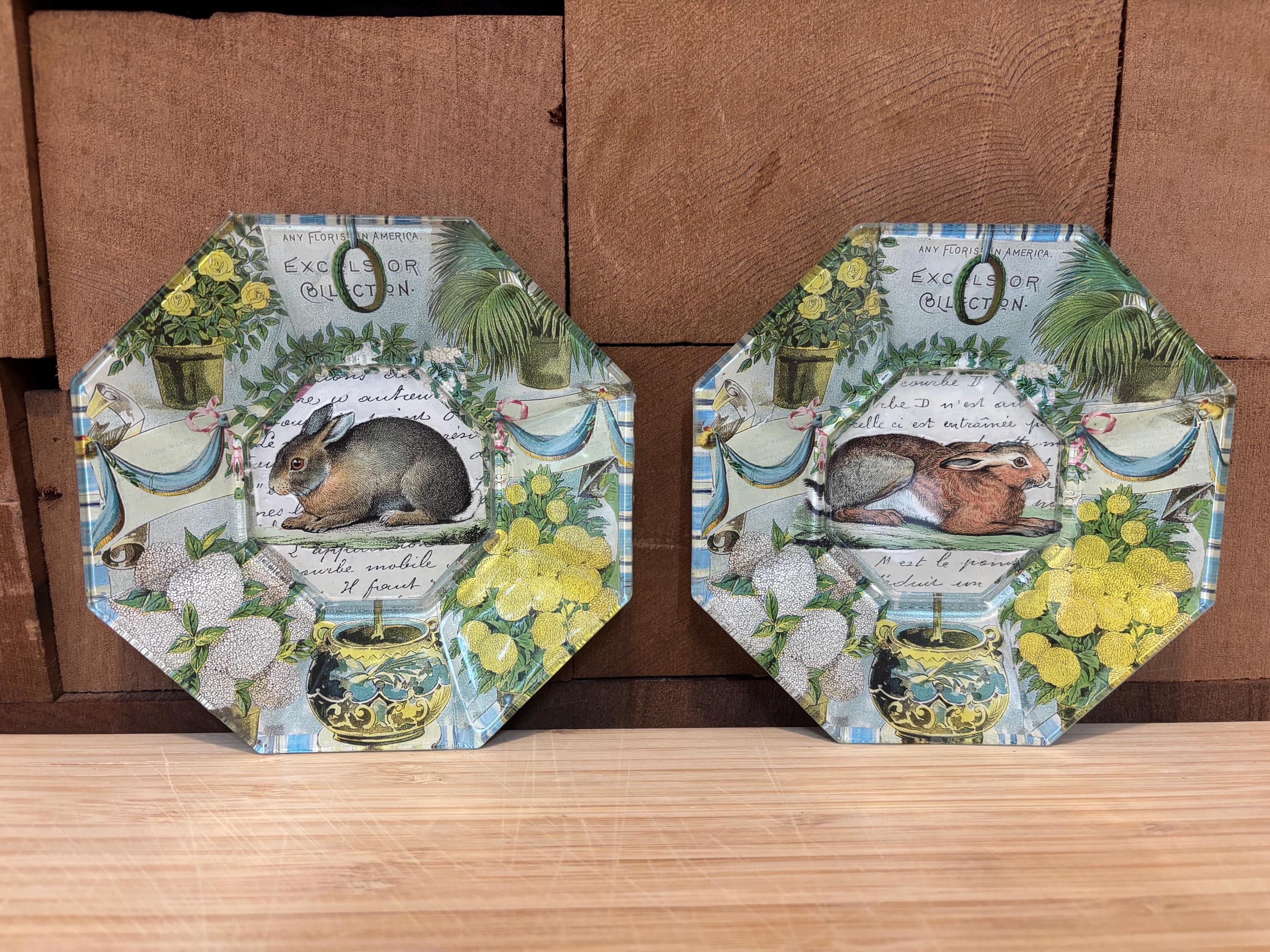 JOHN DERIAN Signed Bunny Octagon Plates- Pair - 5 Inches - Free
