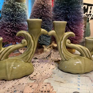 Vintage Art Deco MCM Style Leafy Green Candlestick Holders - USA- Free Shipping