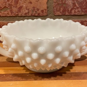 Vintage Fenton Double Handled Hobnail Milk Glass Bowl