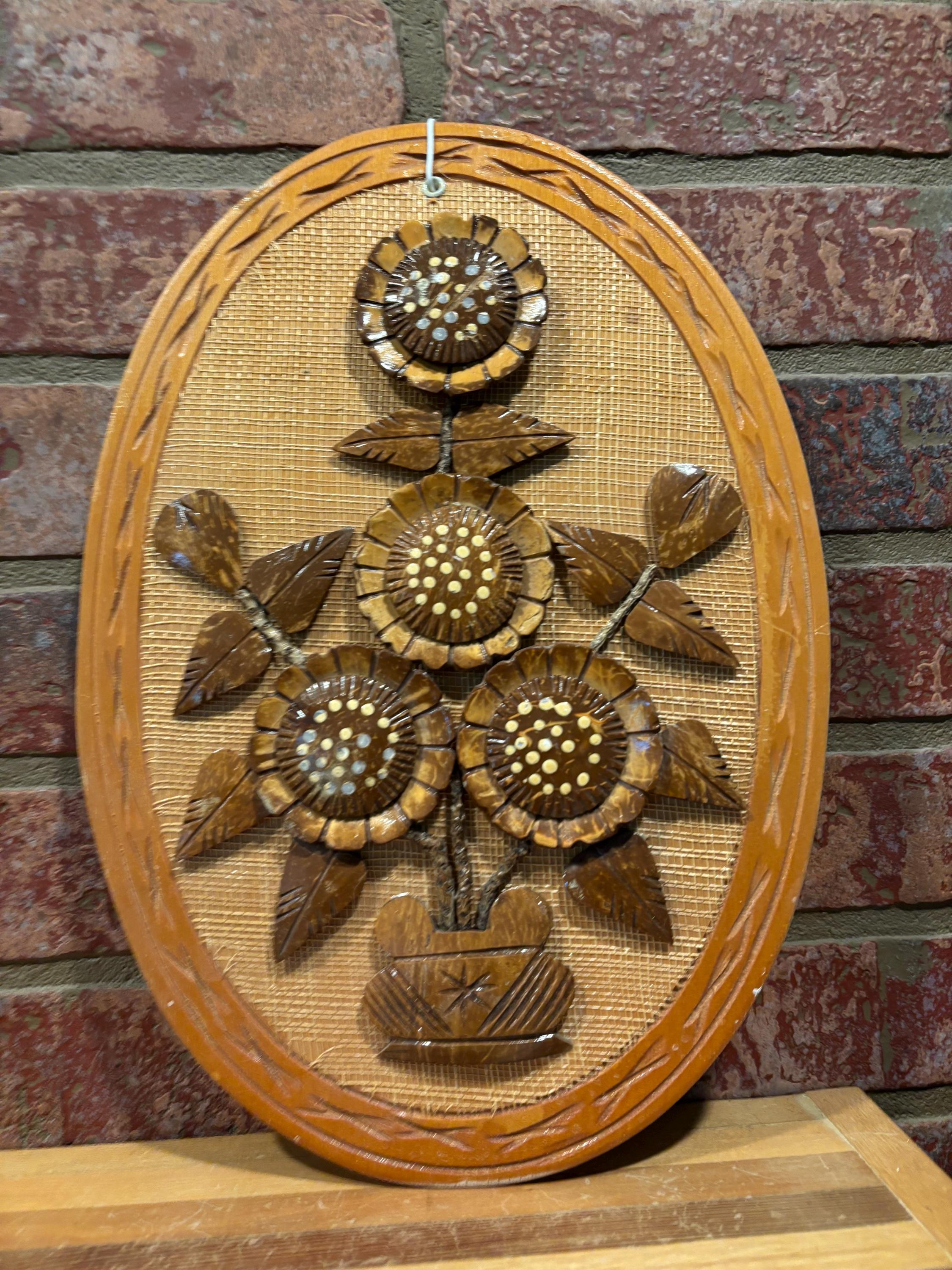 Vintage Carved Coconut Shell Art 3D Veneer Floral Wall Hanging -set of ...