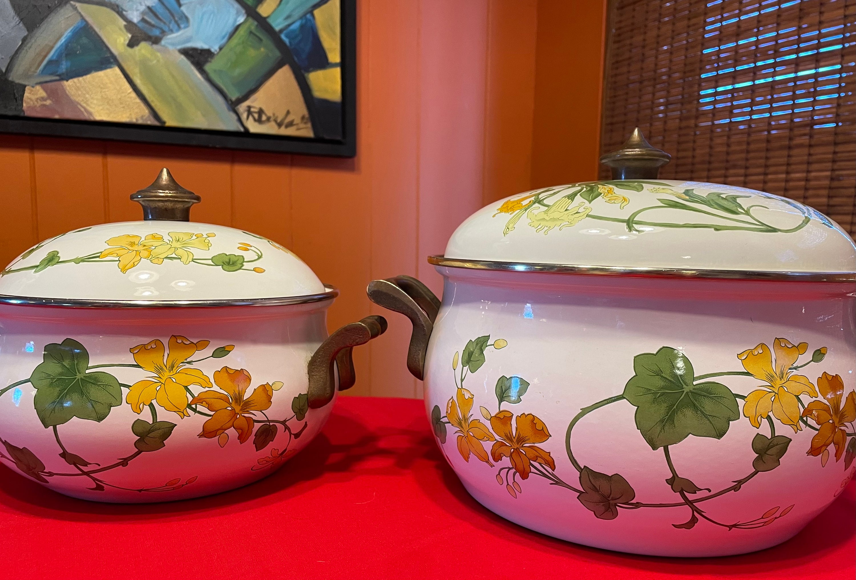Vintage ASTA Floral Enamel Cookware Casserole Pot Pan Dutch Oven Copper  Handles
