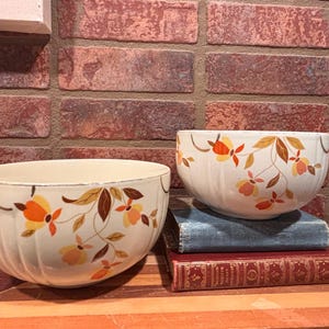 May include: Two vintage ceramic bowls with a cream-colored base and a floral pattern in orange, yellow, and brown. One bowl is ribbed, and both are displayed on a wooden surface with books in front of a brick wall.