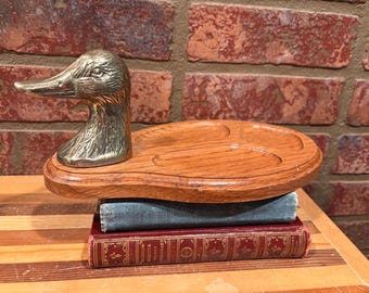 Vintage Dresser Valet Tray Brass Duck and Oak Wood - FREE SHIPPING