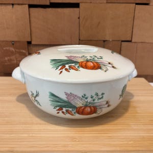 Vintage Apilco Porcelain Casserole Dish, With  Retro Vegetable Graphics - FREE SHIPPING