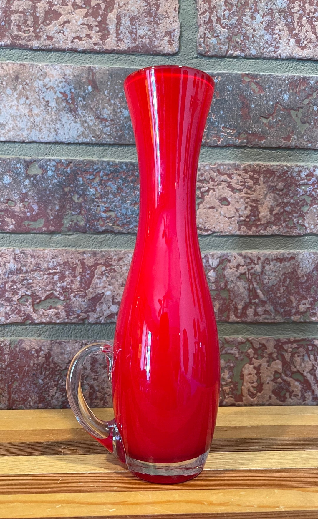 Vintage Enesco Red Cased Glass Vase With Handle Etsy