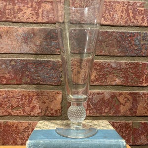 May include: A clear glass vase with a textured golf ball-shaped base. The vase is sitting on top of two books.