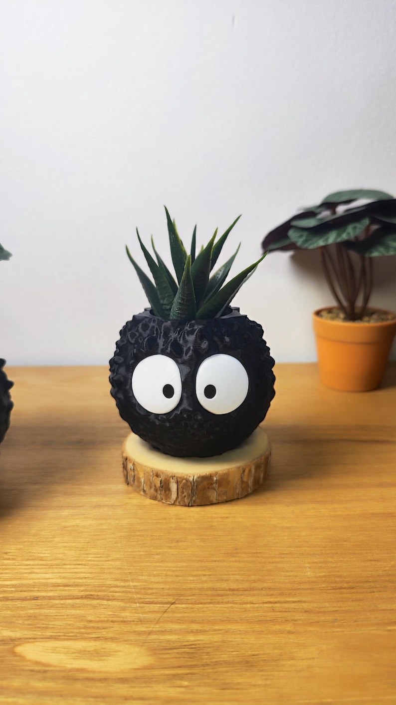 Op de afbeelding: Een zwarte, getextureerde plantenpot in de vorm van een stripfiguur met grote witte ogen. De pot bevat een groene vetplant en staat op een klein houten schijfje. Een andere pot is gedeeltelijk zichtbaar.