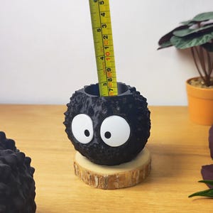 Op de afbeelding: Een zwarte, getextureerde, bolvormige plantenbak met grote witte ogen, die lijkt op een roetelf. Hij staat op een kleine houten schijf. De plantenbak heeft een diameter van ongeveer 7.6 cm. Op een houten oppervlak.