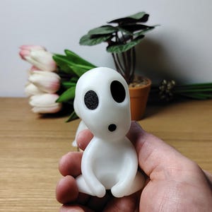May include: A white, sitting figurine with black eyes and a small mouth. The figurine is made of a smooth, matte material and has a rounded shape.