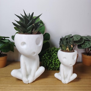 May include: Two white, seated figure planters, each holding a succulent plant. The larger planter has a taller plant with dark green, spiky leaves. The smaller planter has a similar plant. Both planters sit on a wooden surface.