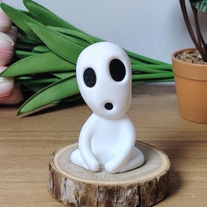 K&ouml;nnte beinhalten: Wei&szlig;e Figur eines Charakters mit gro&szlig;en Augen und einem &uuml;berraschten Ausdruck, der auf einem Holzscheit sitzt.
