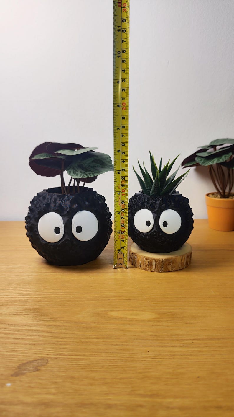 Op de afbeelding: Twee zwarte, bolvormige plantenbakken met grote witte ogen, elk met een kleine plant. De linker plantenbak is ongeveer 10 cm hoog en de rechter plantenbak staat op een houten schijf. Een meetlint is tussen de plantenbakken geplaatst.