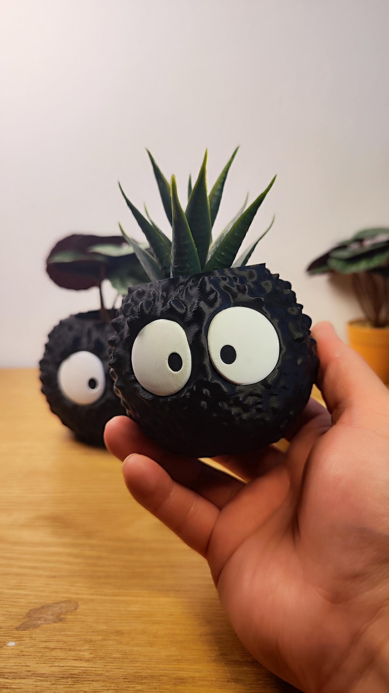 Op de afbeelding: Een zwarte, getextureerde plantenbak in de vorm van een stripfiguur met grote witte ogen. De plantenbak bevat een kleine vetplant met groene bladeren. Een andere soortgelijke plantenbak is zichtbaar op de achtergrond.