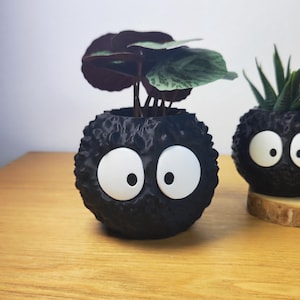 Op de afbeelding: Een zwarte, bolvormige plantenbak met grote witte ogen, met een kleine plant met groene en bordeauxrode bladeren. De plantenbak heeft een textuur en staat op een houten tafel. Een tweede vergelijkbare plantenbak is gedeeltelijk zichtbaar.