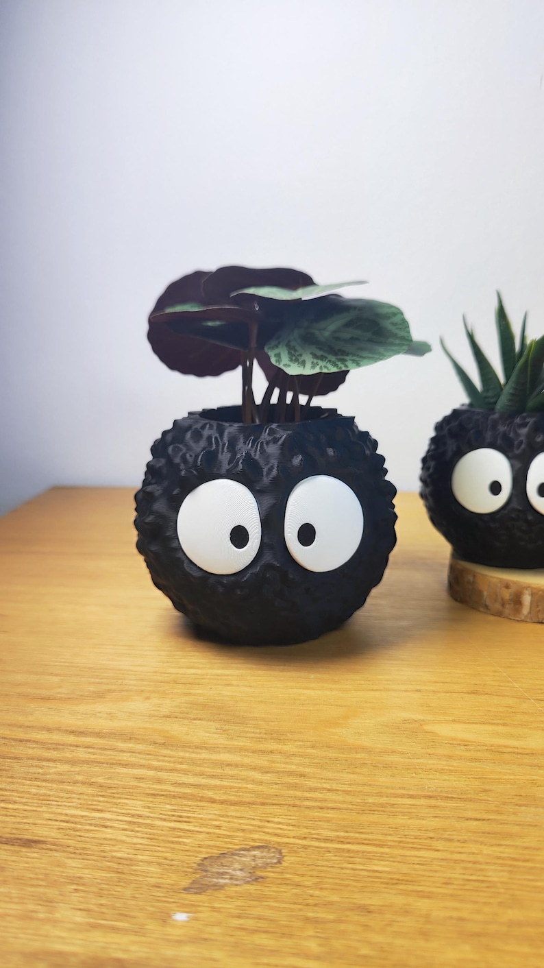 Op de afbeelding: Een zwarte, bolvormige plantenbak met grote witte ogen, met een kleine plant met groene en bordeauxrode bladeren. De plantenbak heeft een textuur en staat op een houten tafel. Een tweede vergelijkbare plantenbak is gedeeltelijk zichtbaar.