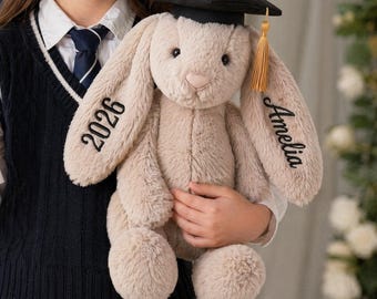 Peluche personnalisée lapin de fin d'études, prénom brodé lapin, cadeaux de fin d'études préscolaire lycée, promotion 2026