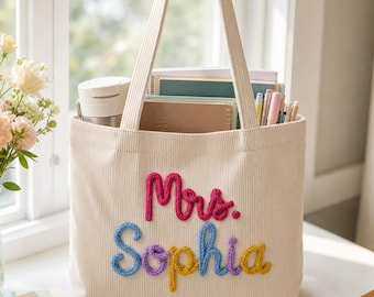 Personalized Teacher Tote Bag,Custom Name Corduroy Bag For Teacher,Teacher Appreciation Gift For Her,Thank You Teacher Gift,Back to School