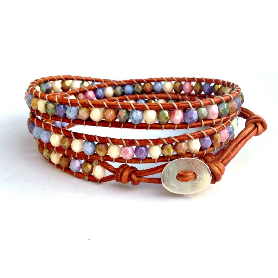 Items similar to Triple Wrap- Beaded Leather Wrap Bracelet- Czech Beads ...
