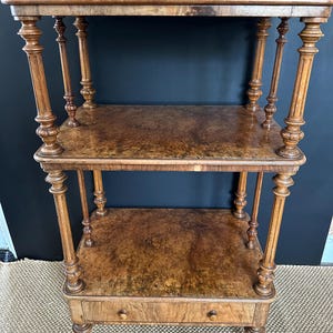 Antique Victorian Burr Walnut Étagère: Three-Tier Whatnot with Brass Gallery