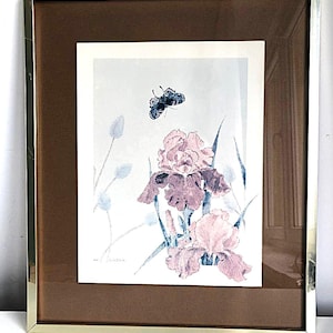 Vintage &quot;Golden Iris&quot; Print by Gloria Eriksen – Framed Floral Watercolor – St Michael by Marks & Spencer – Butterfly Art – 1980s Wall Decor