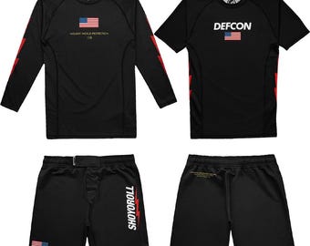 Shoyoroll Defcon x Shoyoroll Rash Guard LS/SS and Training Fitted Shorts, Compression Grappling Training Gear, No Gi Bjj Jiu Jitsu MMA Set