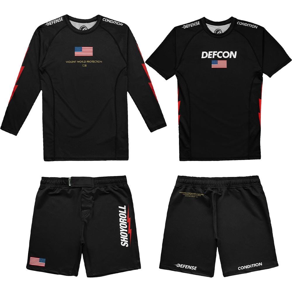 Shoyoroll Defcon x Shoyoroll Rash Guard LS/SS and Training Fitted Shorts, Compression Grappling Training Gear, No Gi Bjj Jiu Jitsu MMA Set