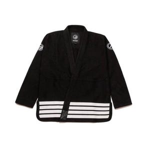 May include: Black Jiu-Jitsu Gi with white stripes and a white logo on the sleeve and back.